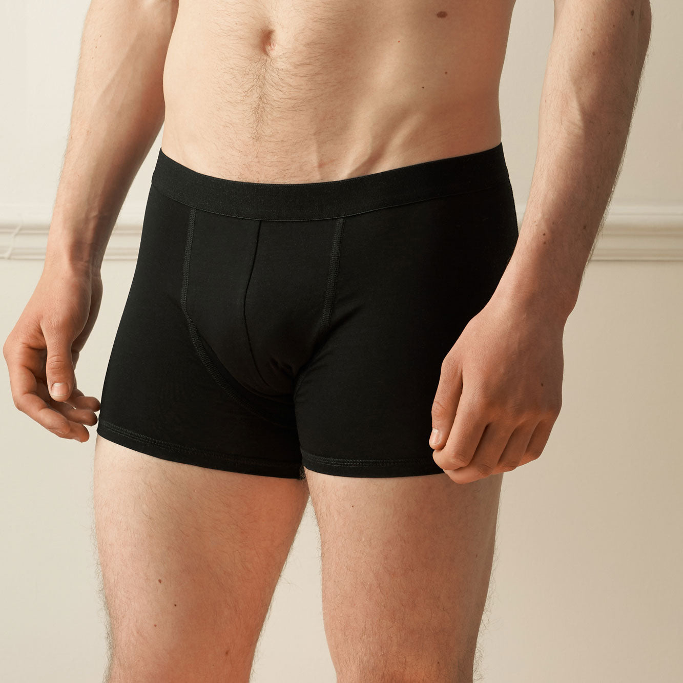 Black Organic & Recycled cotton Boxer Briefs on a male figure, front facing