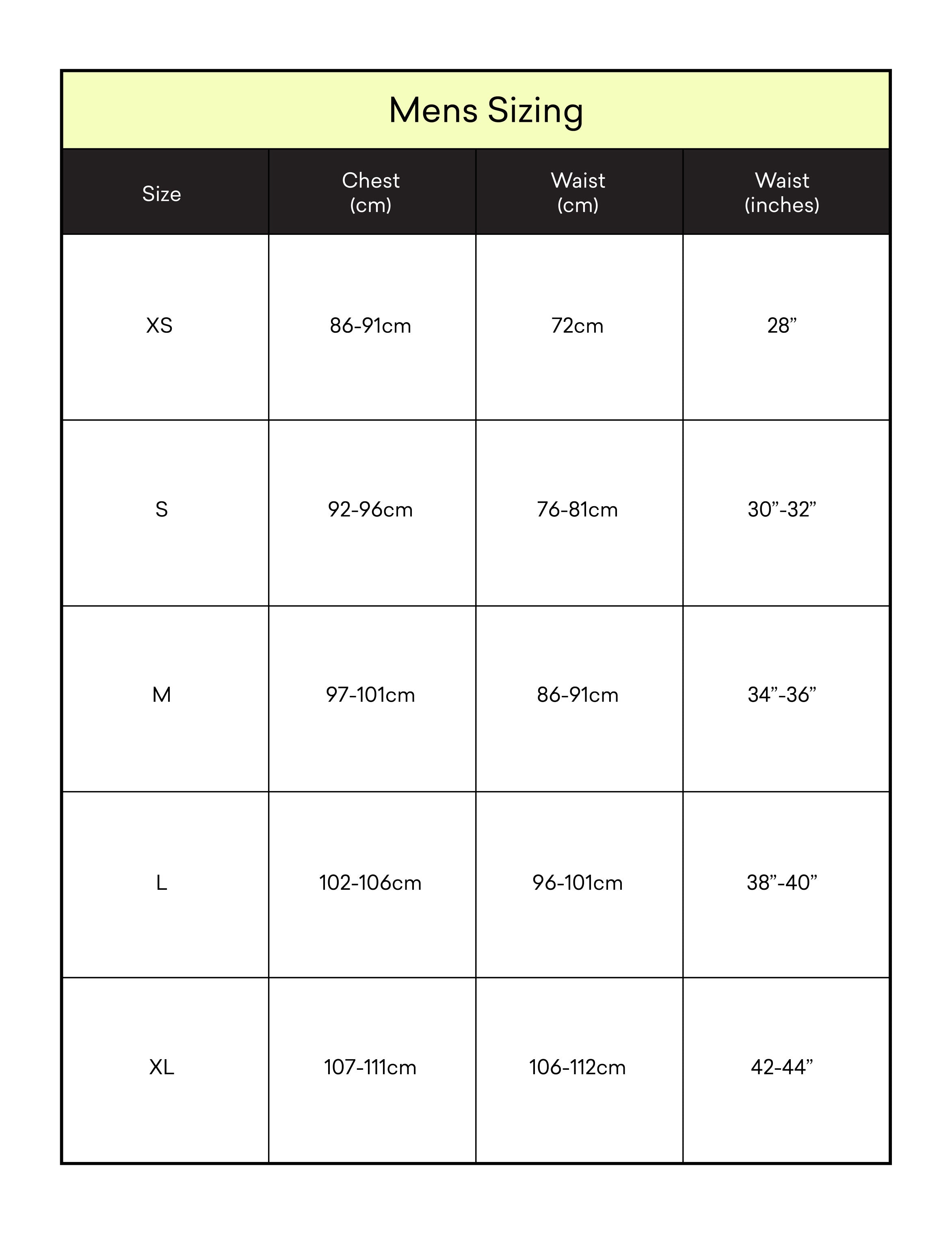 One Essentials Mens Sizing chart